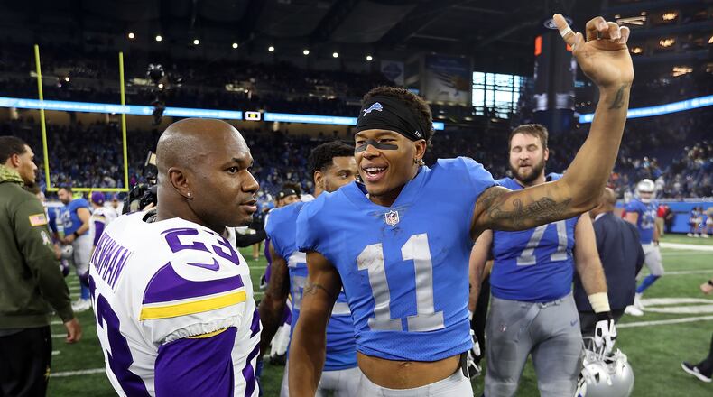 DETROIT, MI - NOVEMBER 23: Former Cincinnati Bengals teammates Marvin Jones Jr. #11 of the Detroit Lions and Terence Newman #23 of the Minnesota Vikings talk after an NFL game at Ford Field on November 23, 2016 in Detroit, Michigan. The Vikings defeated the Lions 30-23. (Photo by Dave Reginek/Getty Images)