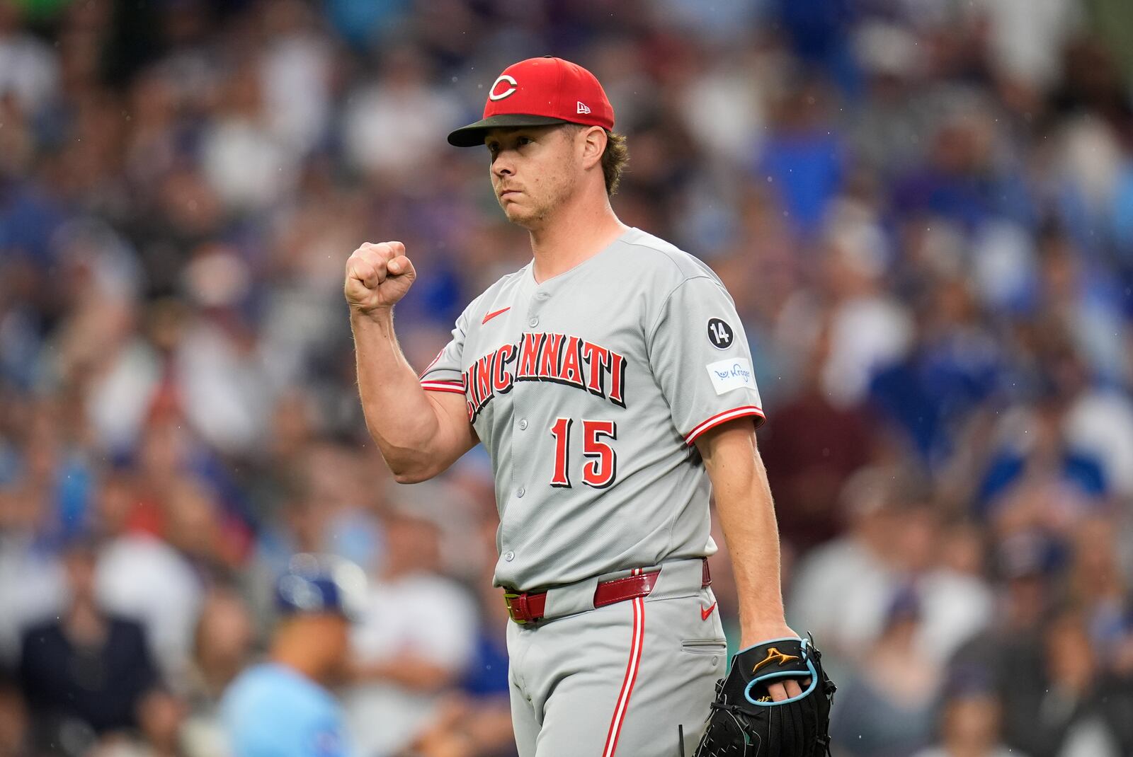 Cincinnati Reds pitcher Emilio Pagán (15) reacts after defeating the Chicago Cubs in a baseball game, Friday, May 30, 2025, in Chicago. (AP Photo/Erin Hooley)