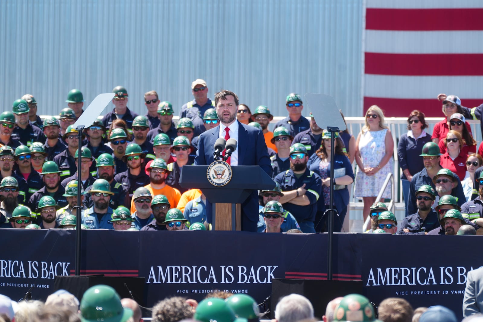 Vice President JD Vance makes remarks during an event to mark the Trump administration's first 100 days at a Nucor Steel Berkeley, Thursday, May 1, 2025, in Huger, S.C. (AP Photo/Meg Kinnard)