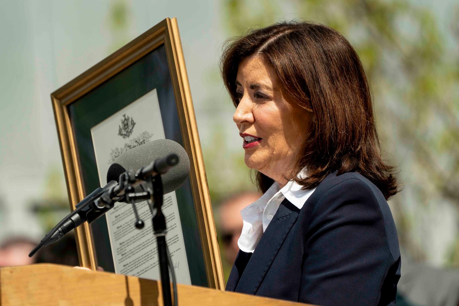 New York Gov. Kathy Hochul issues a formal apology on behalf of New York State for its role in operating the Thomas Indian School, Tuesday,May 20, 2025, outside the William Seneca Administration Building in Irving, N.Y. (Libby March/The Buffalo News via AP)