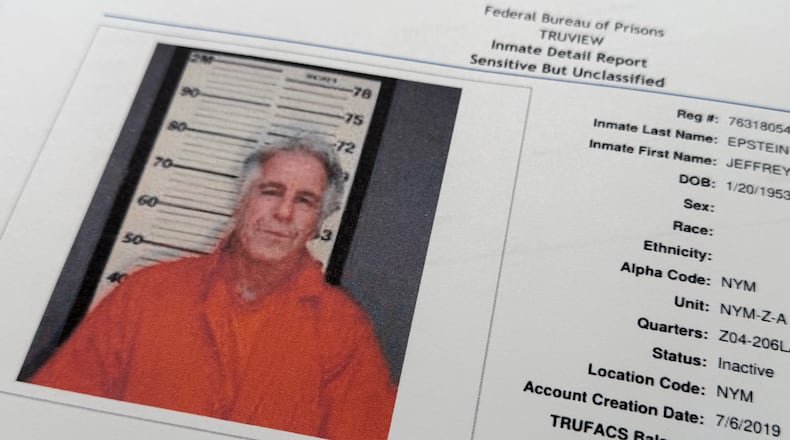 A document that was included in the U.S. Department of Justice release of the Jeffrey Epstein files, photographed Tuesday, Feb. 10, 2026, shows a photo of Epstein on a inmate report from the Federal Bureau of Prisons . (AP Photo/Jon Elswick)