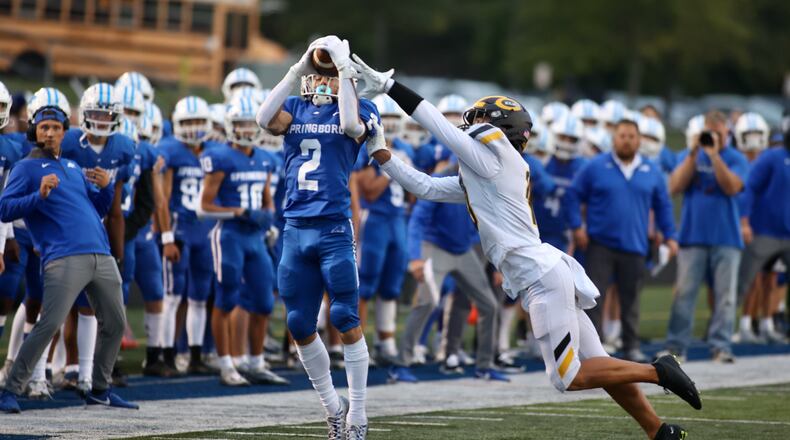 Springboro's Cade Lamb makes a catch against Centerville on Friday, Sept. 23, 2022, at CareFlight Field in Springboro. David Jablonski/Staff
