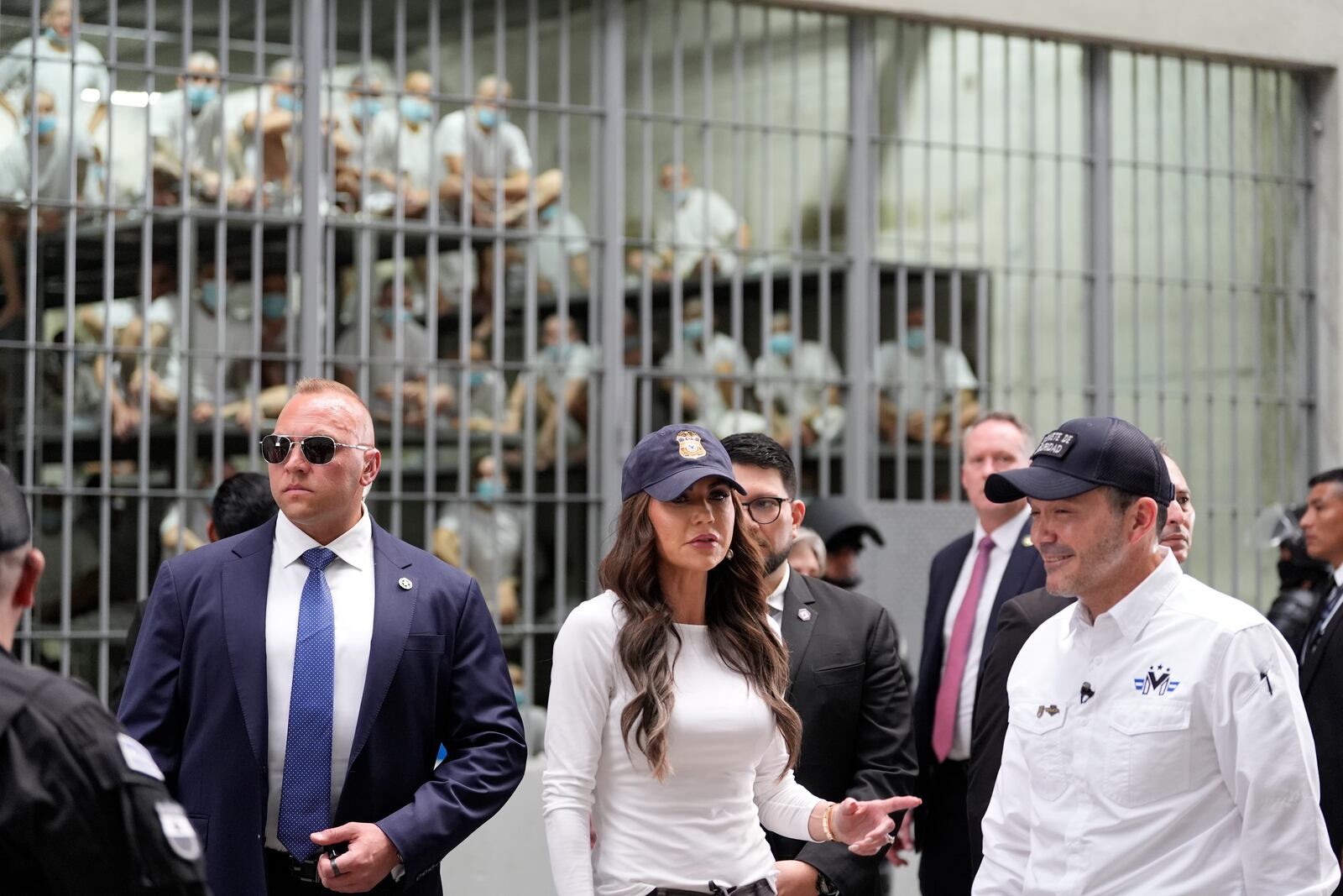 Homeland Security Secretary Kristi Noem tours the Terrorist Confinement Center in Tecoluca, El Salvador, Wednesday, March 26, 2025. (AP Photo/Alex Brandon)