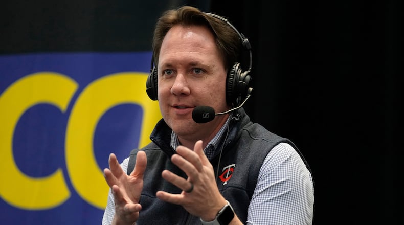 FILE - Minnesota Twins president of baseball operations Derek Falvey speaks to fans and media during the baseball team's annual fan fest at Target Field, Jan. 28, 2023, in Minneapolis. (AP Photo/Abbie Parr, File)
