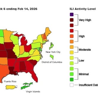 This is the weekly Outpatient Respiratory Illness Activity map from the CDC, for the week ending Feb. 14, 2026.