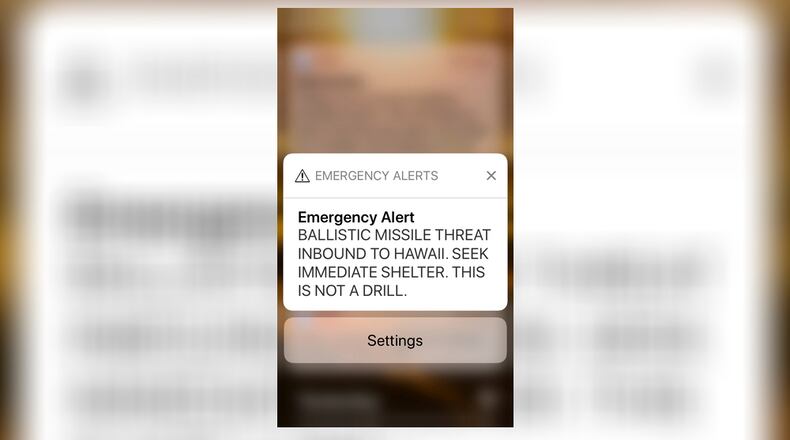 This Jan. 13, 2018 file smartphone screen capture shows a false incoming ballistic missile emergency alert sent from the Hawaii Emergency Management Agency system. Gov. David Ige has appointed state Army National Guard Brig. Gen. Kenneth Hara as new head of Hawaii’s emergency management agency after a faulty alert was sent to cellphones around the state warning of an incoming missile attack. (AP Photo/Caleb Jones, file)