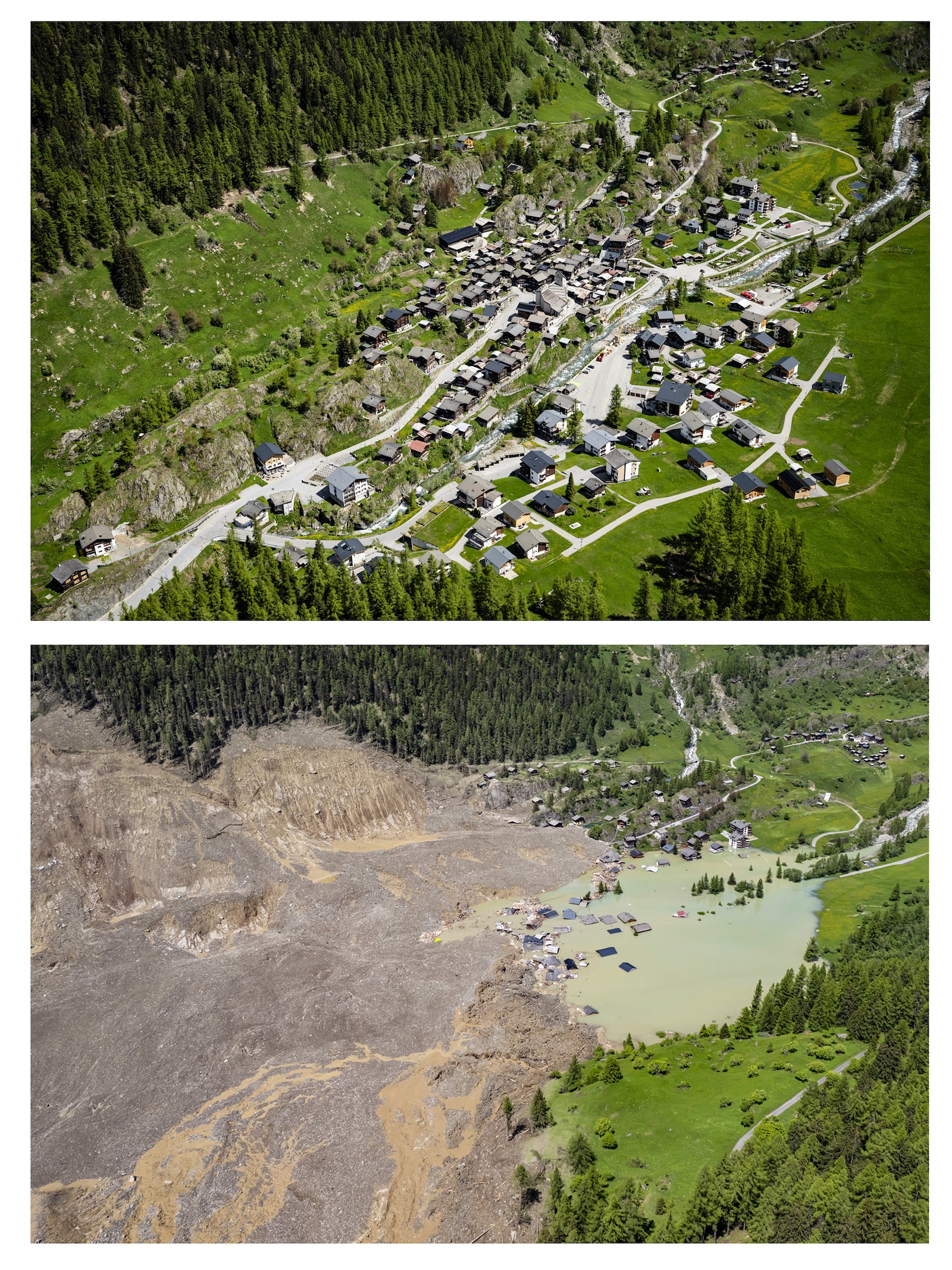 This combo shows the village of Blatten photographed on Friday, May 23, 2025 at the top and the village of Blatten one day after a massive avalanche, triggered by the collapse of the Birch Glacier, at the bottom, showing the destruction it caused as it swept down to the valley floor and demolished the village of Blatten, Switzerland, Thursday, May 29, 2025. (Jean-Christophe Bott/Keystone via AP)