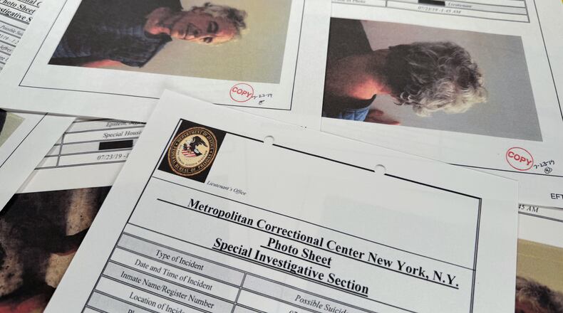 A document that was included in the U.S. Department of Justice release of the Jeffrey Epstein files, photographed Tuesday, Feb. 10, 2026, shows a Metropolitan Correctional Center report with photos of Epstein after a suicide attempt on July 23, 2019. (AP Photo/Jon Elswick)