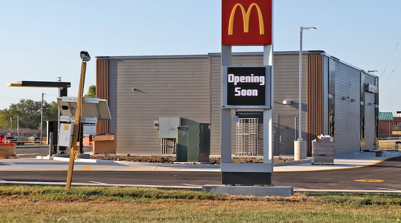 A digital sign announces Thursday, Sept. 5, 2024 that New Carlisle's first McDonald's restaurant will be opening soon. BILL LACKEY/STAFF