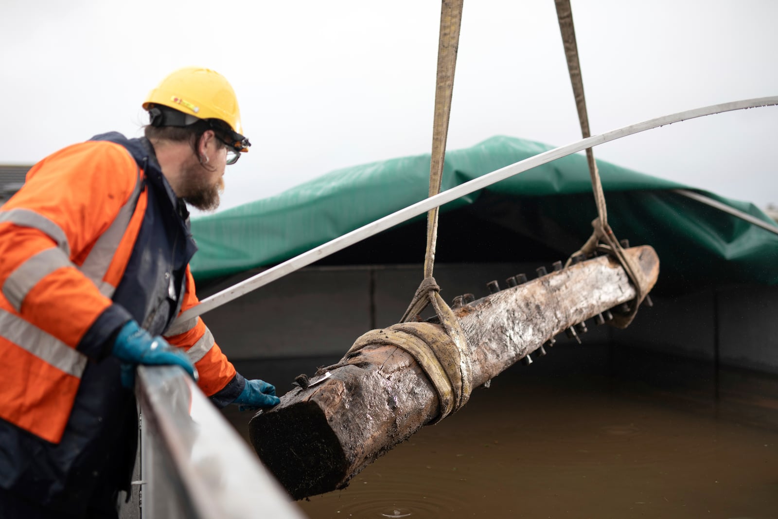 In this image provided by Wessex Archaeology, Ben Saunders from Wessex Archaeology supervises the Sanday Wreck timbers as they are placed in a freshwater tank to preserve them, on Orkney, Sept 23, 2024. (Fionn McArthur/Wessex Archaeology via AP)