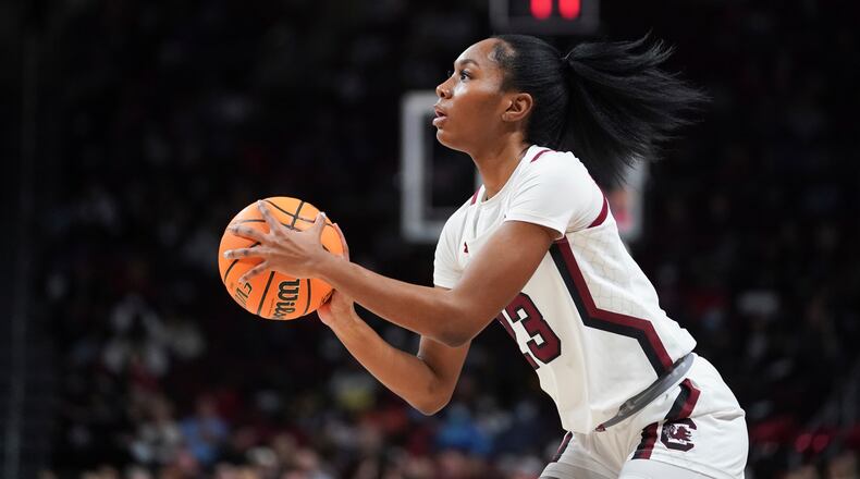 South Carolina guard Bree Hall shoots during the second half of an NCAA college basketball game against Auburn, Thursday, Feb. 17, 2022, in Columbia, S.C. (AP Photo/Sean Rayford)