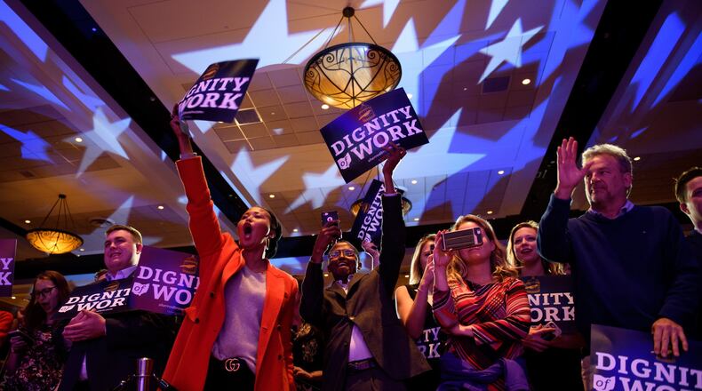 Supporters of U.S. Sen. Sherrod Brown celebrate his campaign victory Tuesday night at the Hyatt Regency on November 6, 2018, in Columbus, Ohio. (Photo by Jeff Swensen/Getty Images)