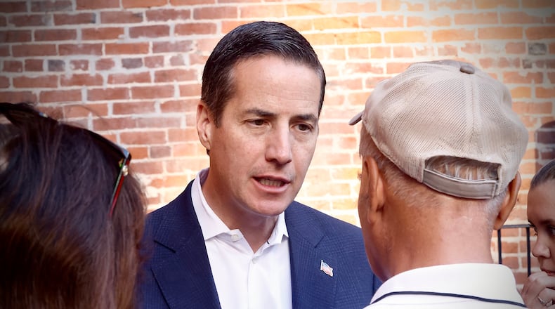 Republican candidate for U.S. Senate Bernie Moreno speaks to people at a Springfield press conference on Saturday, Sept. 14, 2024. MARSHALL GORBY / STAFF