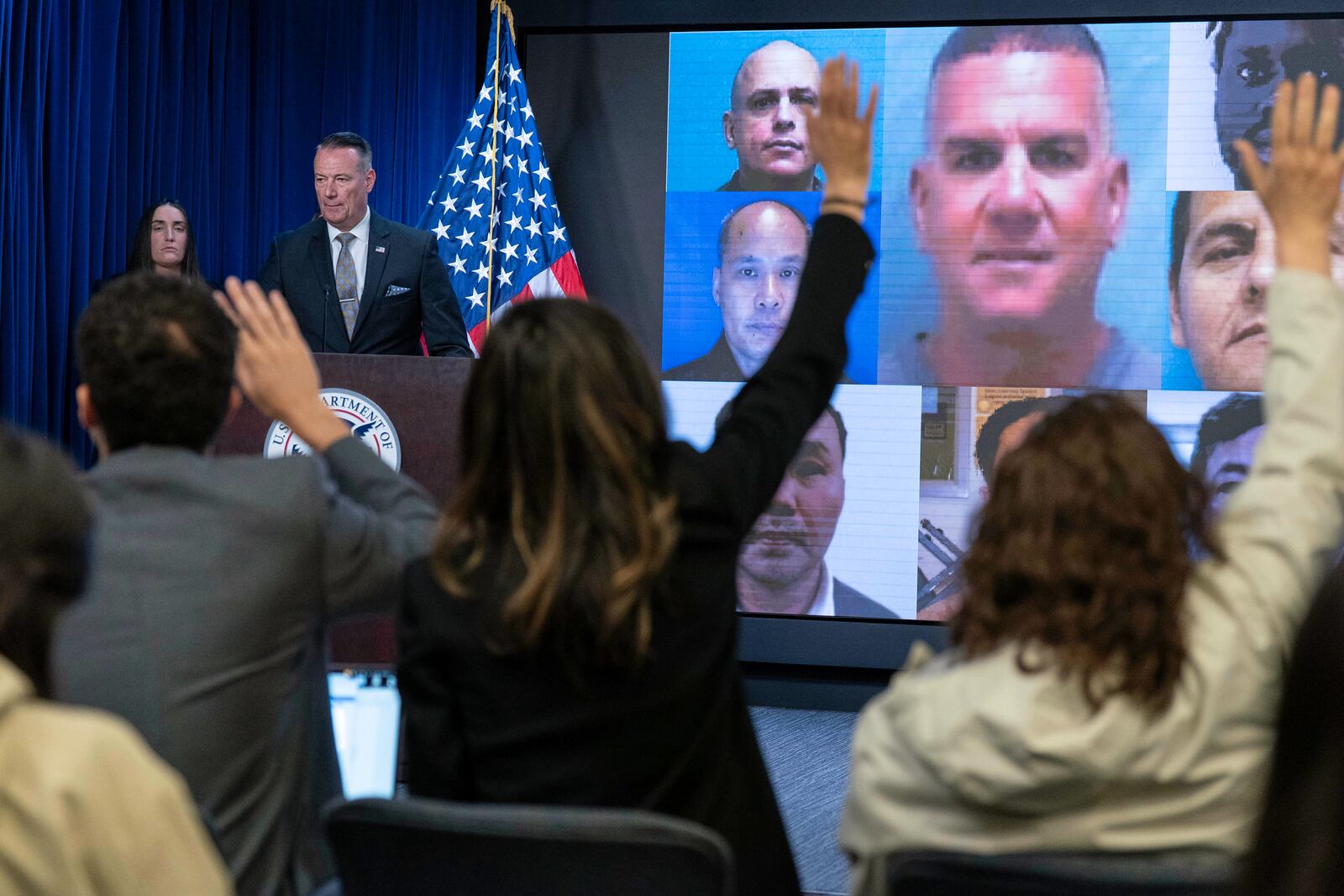 Acting director of U.S. Immigration and Customs Enforcement (ICE) Todd Lyons speaks during a news conference at ICE Headquarters, in Washington, Wednesday, May 21, 2025. (AP Photo/Jose Luis Magana)