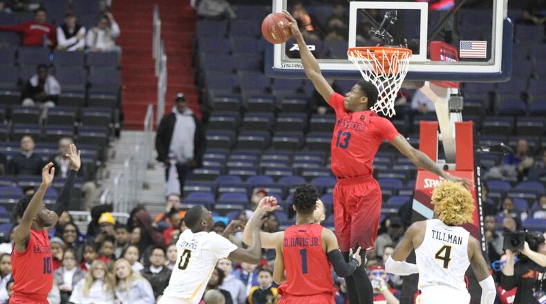Dayton’s Kostas Antetokounmpo blocks a shot against Virginia Commonwealth on Thursday, March 8, 2018, at the Capital One Center in Washington, D.C. David Jablonski/Staff