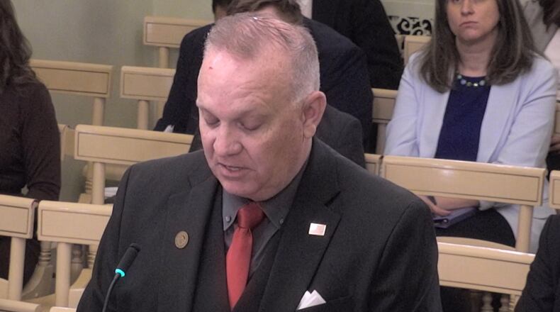 Rep. Tim Barhorst, R-Fort Loramie, speaks before the Ohio House Insurance Committee on May 6, 2025 as one of the sponsors for House Bill 192, which includes the Community Pharmacy Protection Act and would impose new regulations for pharmacy benefit managers, or PBMs. COURTESY OF THE OHIO CHANNEL