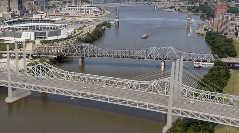 One of the alternative renderings for the new Brent Spence Bridge connecting Ohio and Kentucky over the Ohio River. CONTRIBUTED
