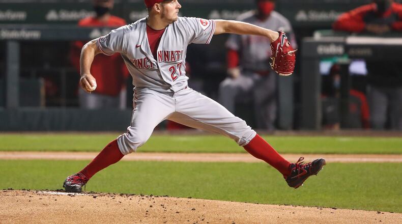 Cincinnati Reds starting pitcher Trevor Bauer delivers against the Chicago Cubs during the first inning of a baseball game Wednesday, Sept. 9, 2020, in Chicago. (AP Photo/Kamil Krzaczynski)