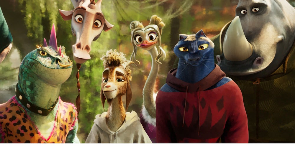 This image released by Sony Pictures shows characters, from left, Modo, voiced by Nick Kroll, Lenny, voiced by Stephen Curry, Will, voiced by Caleb McLaughlin, Olivia, voiced by Nicola Coughlan, Jett, voiced by Gabrielle Union, and Archie, voiced by David Harbour, in a scene from the animated film "GOAT." (Columbia Pictures and Sony Picture Animation via AP)