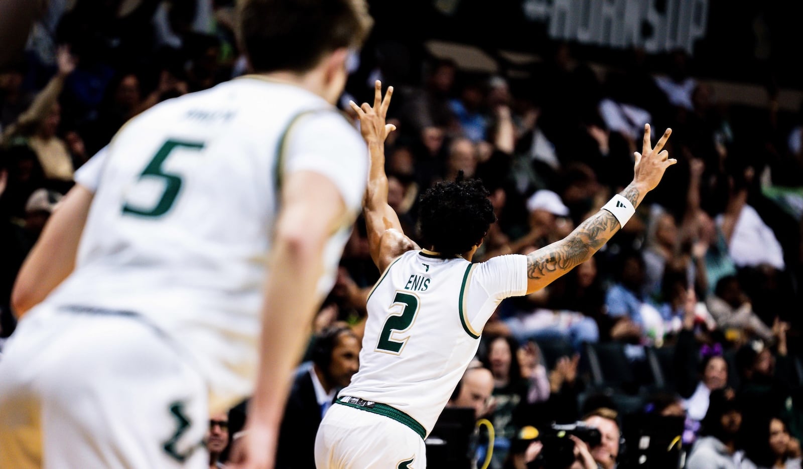 South Florida's Wes Enis, a Miami East graduate, reacts after a basket against Florida A&M on Nov. 3, 2025, at the Yuengling Center in Tampa, Fla. Photo courtesy of South Florida
