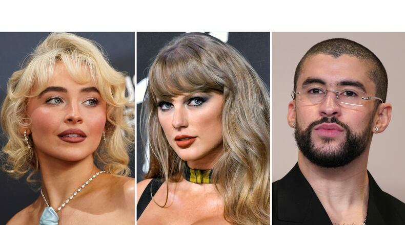 This combination of photos shows Sabrina Carpenter, left, Taylor Swift, center, and Bad Bunny. (AP Photo)