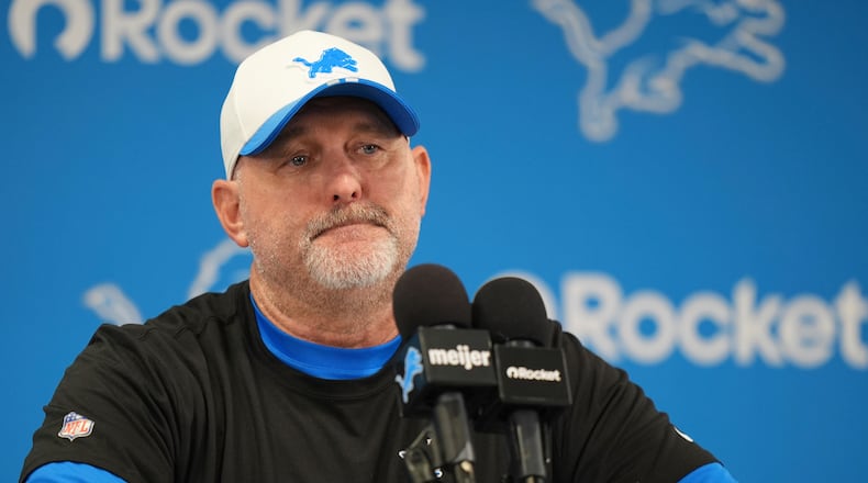 FILE - Detroit Lions offensive coordinator John Morton speaks in a news conference during an NFL football practice July 28, 2025, in Allen Park, Mich. (AP Photo/Ryan Sun, File)