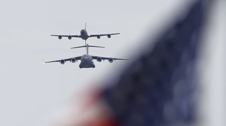 Air Force KC-135 and C-17 aerial refueling demonstration on Sunday at the Vectren Dayton Air Show. TY GREENLEES / STAFF
