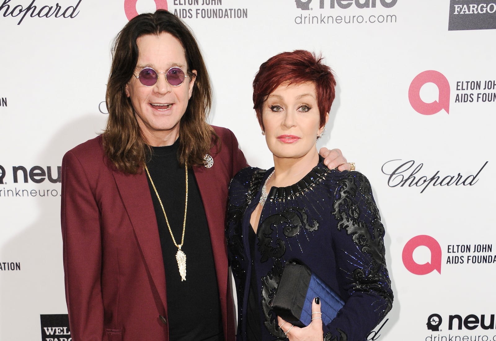 FILE - Ozzy Osbourne, left, and Sharon Osbourne arrive at the 87th Academy Awards Elton John AIDS Foundation Oscar Party on Feb. 22, 2015, in West Hollywood, Calif. (Photo by Richard Shotwell/Invision/AP, File)