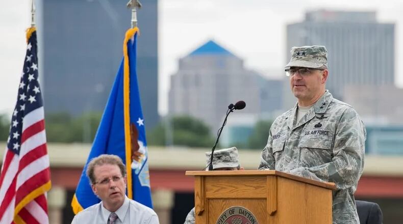 Maj. Gen. William T. Cooley, ex-commander of the Air Force Research Laboratory, delivers remarks during the McCook Field Centennial ceremony in Dayton on Oct. 6, 2017. (U.S. Air Force photo by Wesley Farnsworth)