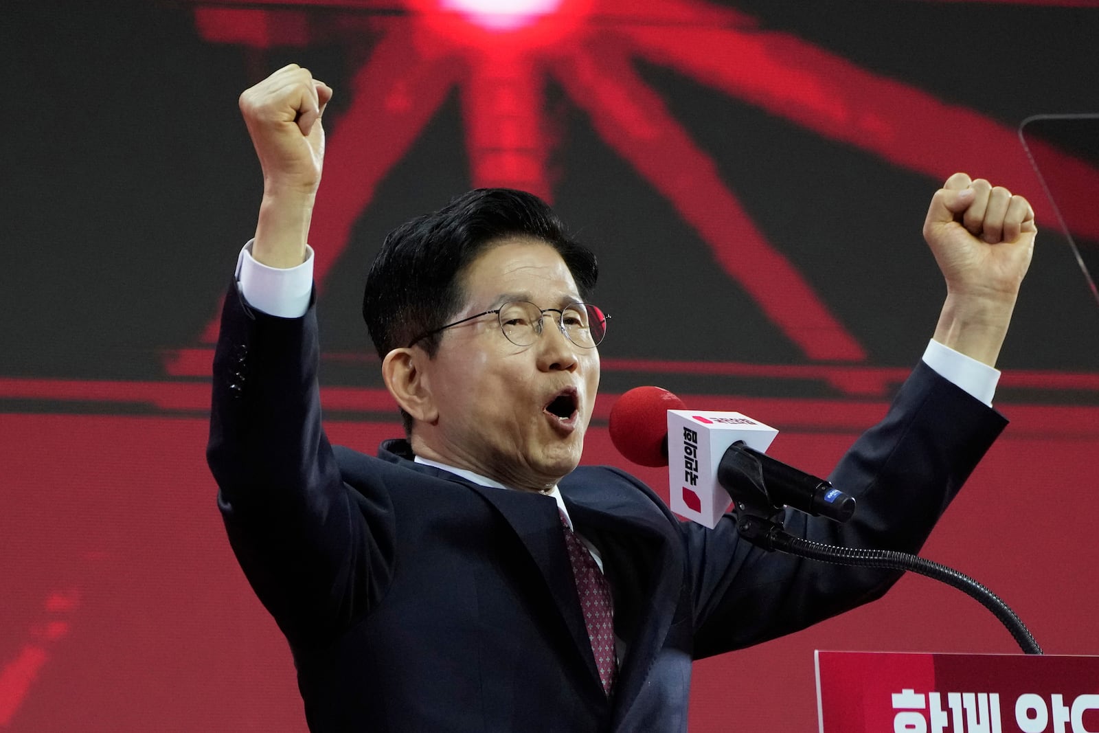 South Korea's former Labor Minister Kim Moon Soo speaks after winning the nomination as the presidential election candidate during the People Power Party's convention in Goyang, South Korea, Saturday, May 3, 2025. (AP Photo/Ahn Young-joon)