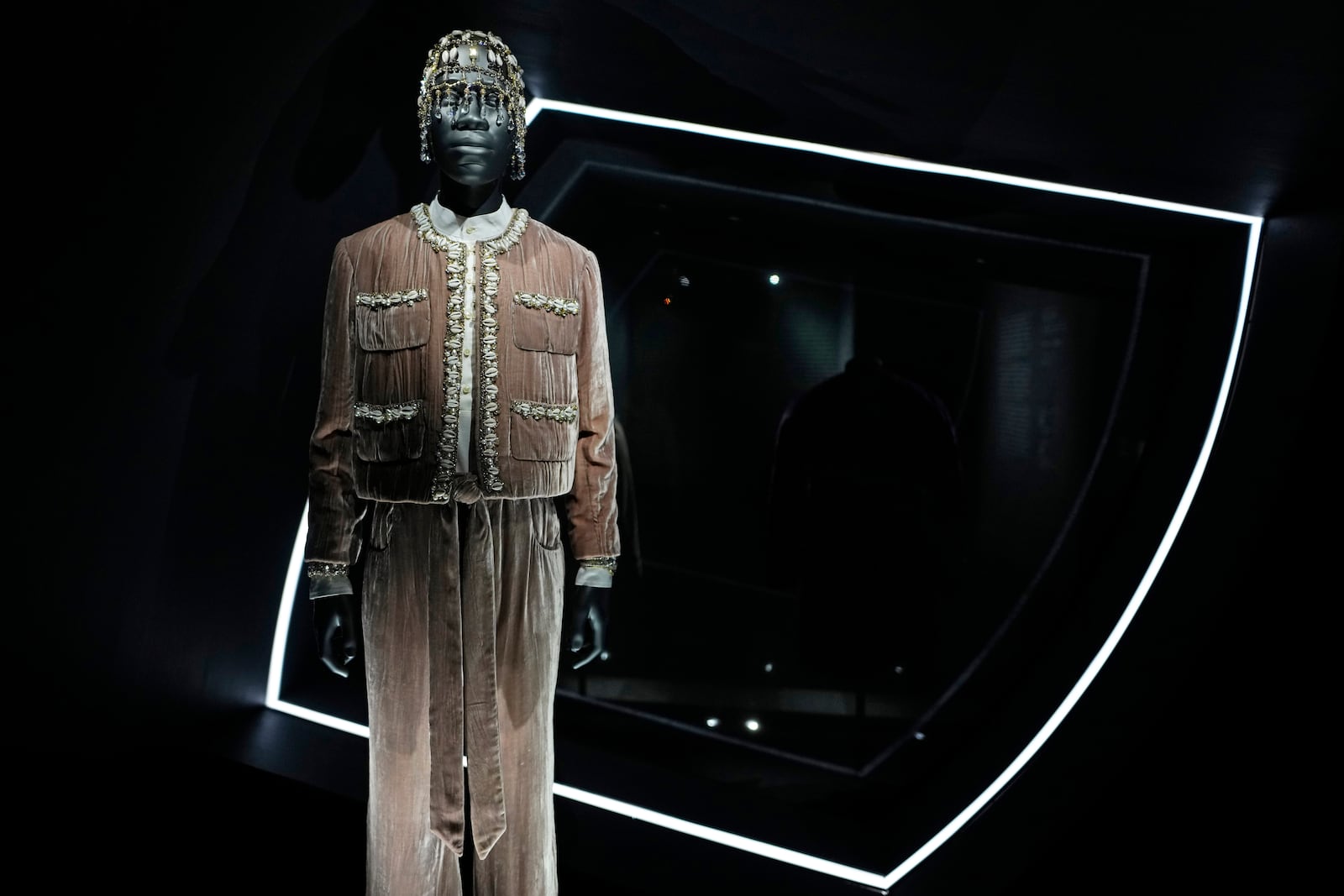 A design by Grace Wales Bonner is displayed at the Metropolitan Museum of Art's Costume Institute exhibition, "Superfine: Tailoring Black Style," on Saturday, May 3, 2025, in New York. (Photo by Charles Sykes/Invision/AP)