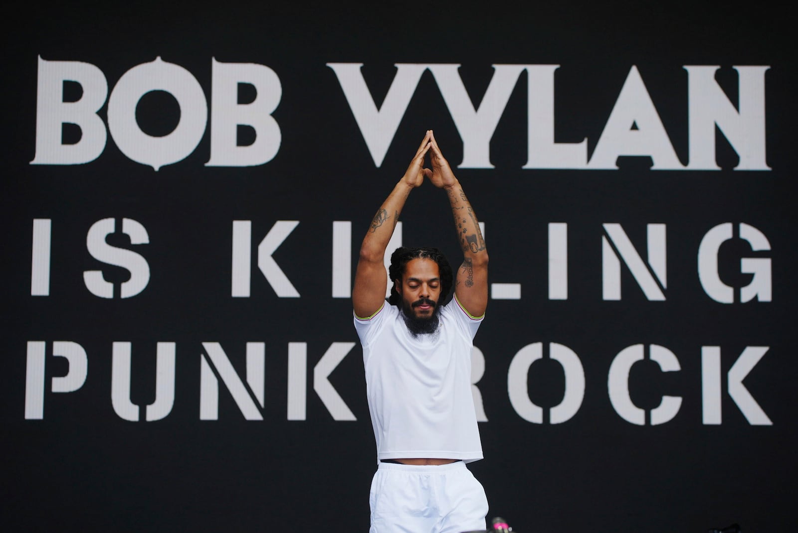 Bob Vylan performs on the West Holts Stage, during the Glastonbury Festival at Worthy Farm in Somerset. England, Saturday, June 28, 2025. (Yui Mok/PA via AP)