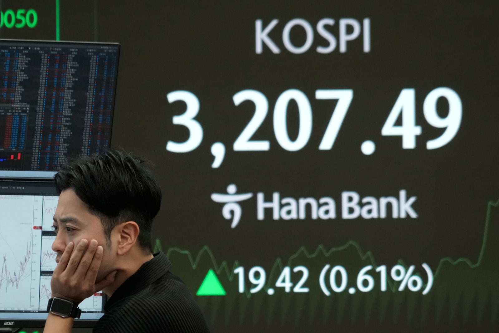 A currency trader watches monitors near a screen showing the Korea Composite Stock Price Index (KOSPI) at the foreign exchange dealing room of the Hana Bank headquarters in Seoul, South Korea, Monday, July 21, 2025. (AP Photo/Ahn Young-joon)