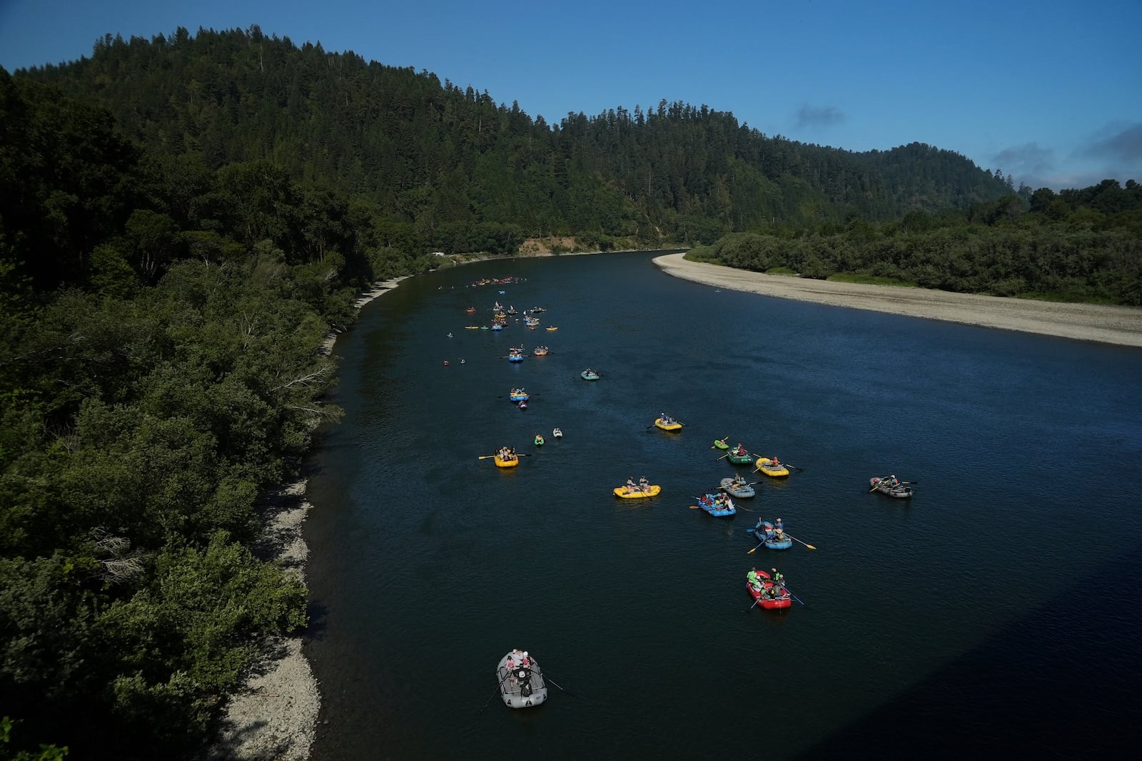 Native youth kayakers and support rafts of family and international paddlers begin journeying the last couple of miles of the Klamath River to reach the Pacific Ocean on Friday, July 11, 2025, in Klamath, Calif. (AP Photo/Brittany Peterson)