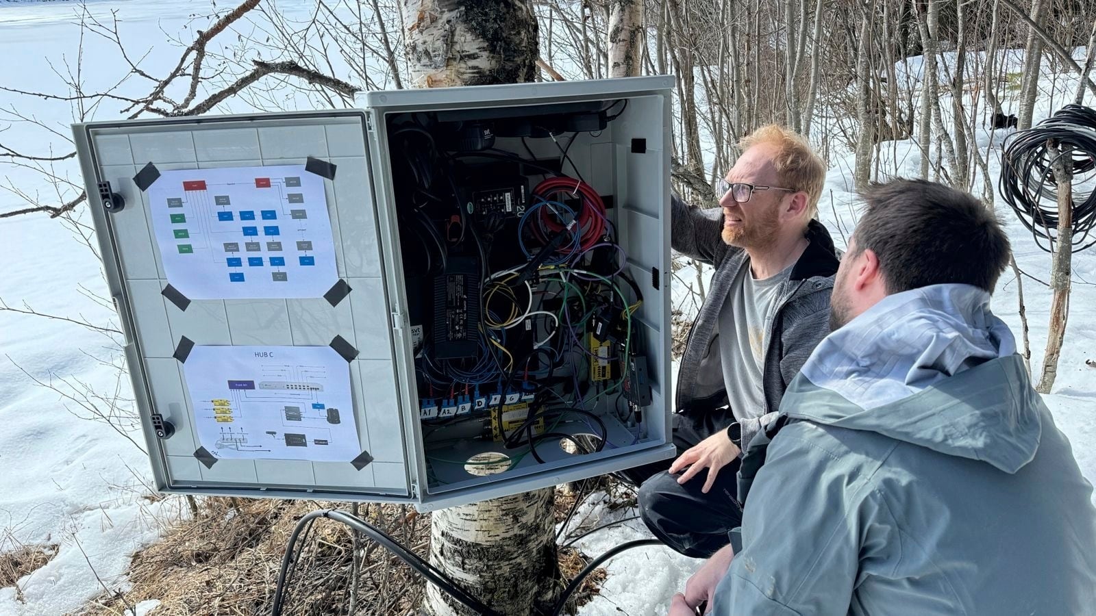 This undated photo, issued by SVT, shows preparations in Junsele, Sweden for the livestream 'The Great Moose Migration' to document the annual Moose migration near Kullberg in northern Sweden. (SVT via AP)