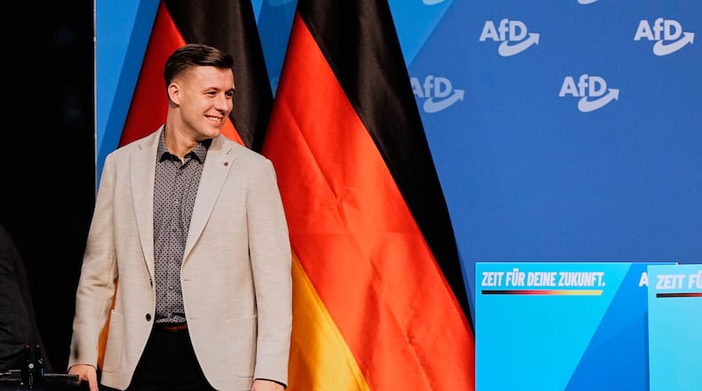 Jean-Pascal Hohm is seen after he was elected AfD youth leader during the re-founding of the AfD youth organization in Giessen, Germany, early Saturday, Nov. 29, 2025. (AP Photo/Martin Meissner)