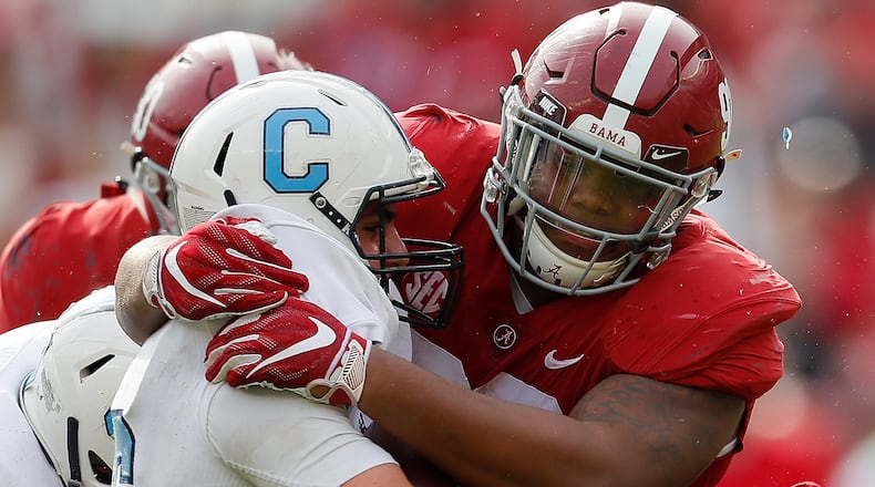 TUSCALOOSA, AL - NOVEMBER 17: Brandon Rainey #16 of the Citadel Bulldogs is sacked by Quinnen Williams #92 of the Alabama Crimson Tide at Bryant-Denny Stadium on November 17, 2018 in Tuscaloosa, Alabama. (Photo by Kevin C. Cox/Getty Images)