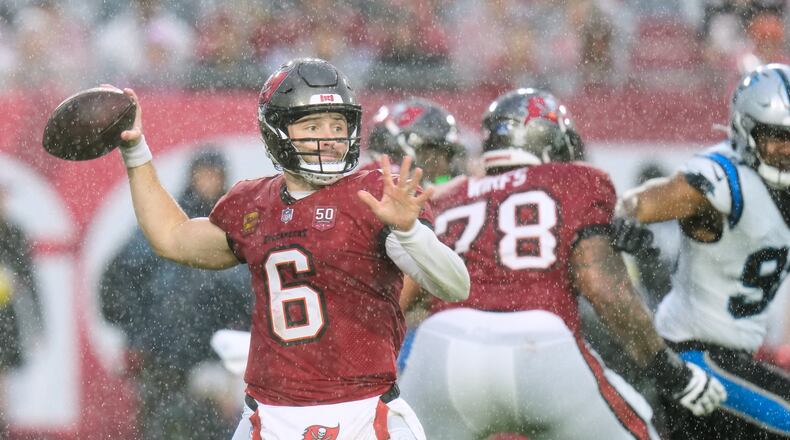 Tampa Bay Buccaneers quarterback Baker Mayfield (6) throws a pass during the first half of an NFL football game against the Carolina Panthers Saturday, Jan. 3, 2026, in Tampa, Fla. (AP Photo/Chris O'Meara)