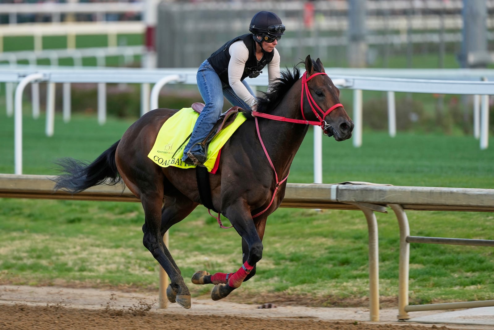Kentucky Derby entrant Coal Battle works out at Churchill Downs Monday, April 28, 2025, in Louisville, Ky. (AP Photo/Charlie Riedel)