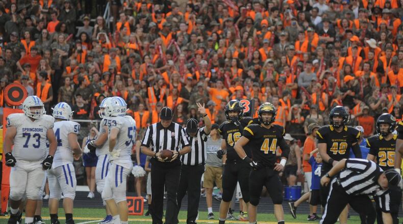 Many teams’ student sections are wearing orange, which is the color for childhood leukemia awareness. Centerville defeated visiting Springboro 31-19 in a Week 5 high school football GWOC crossover game on Thursday, Sept. 21, 2017. MARC PENDLETON / STAFF