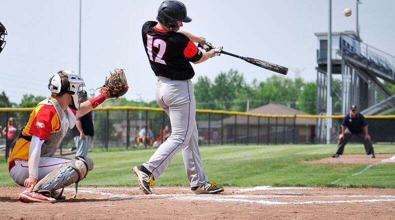 Franklin’s Casey Judy connects for a double during their Division II district championship baseball game against Fenwick on May 24 at Miamisburg High School in Miamisburg. Franklin won 11-2. NICK GRAHAM/STAFF