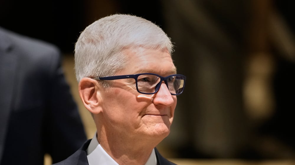 Apple CEO Tim Cook during the Annual Meeting of the World Economic Forum in Davos, Switzerland, Tuesday, Jan. 20, 2026. (AP Photo/Markus Schreiber)