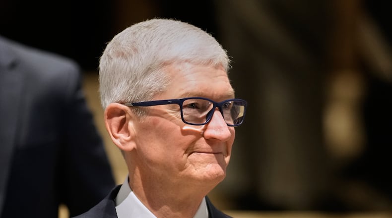 Apple CEO Tim Cook during the Annual Meeting of the World Economic Forum in Davos, Switzerland, Tuesday, Jan. 20, 2026. (AP Photo/Markus Schreiber)