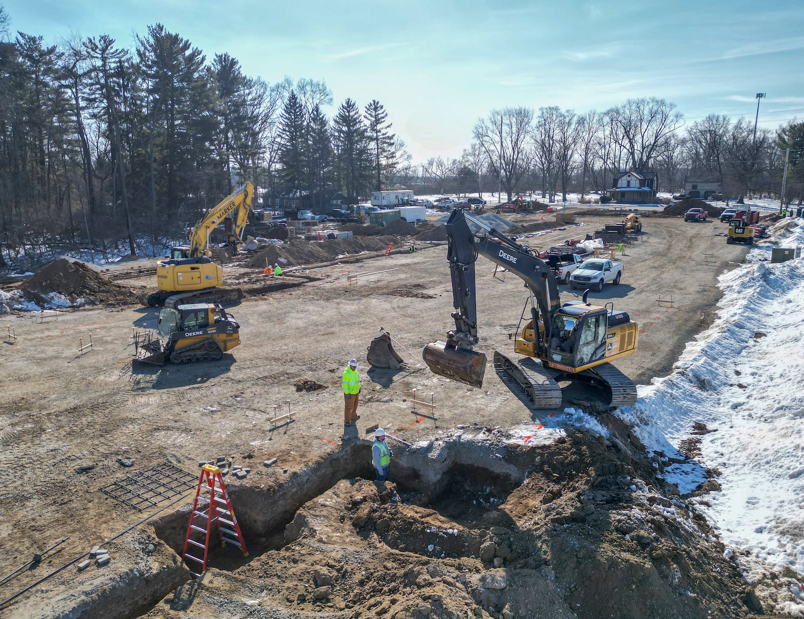 An aerial view of construction on the second phase of Global Impact STEM Academy's Upper Academy on Clark State College's campus on Thursday, Feb. 12, 2025. Phase one of the project was complete by May 2025 and opened in fall 2025. JOSEPH COOKE VIA DRONE / STAFF