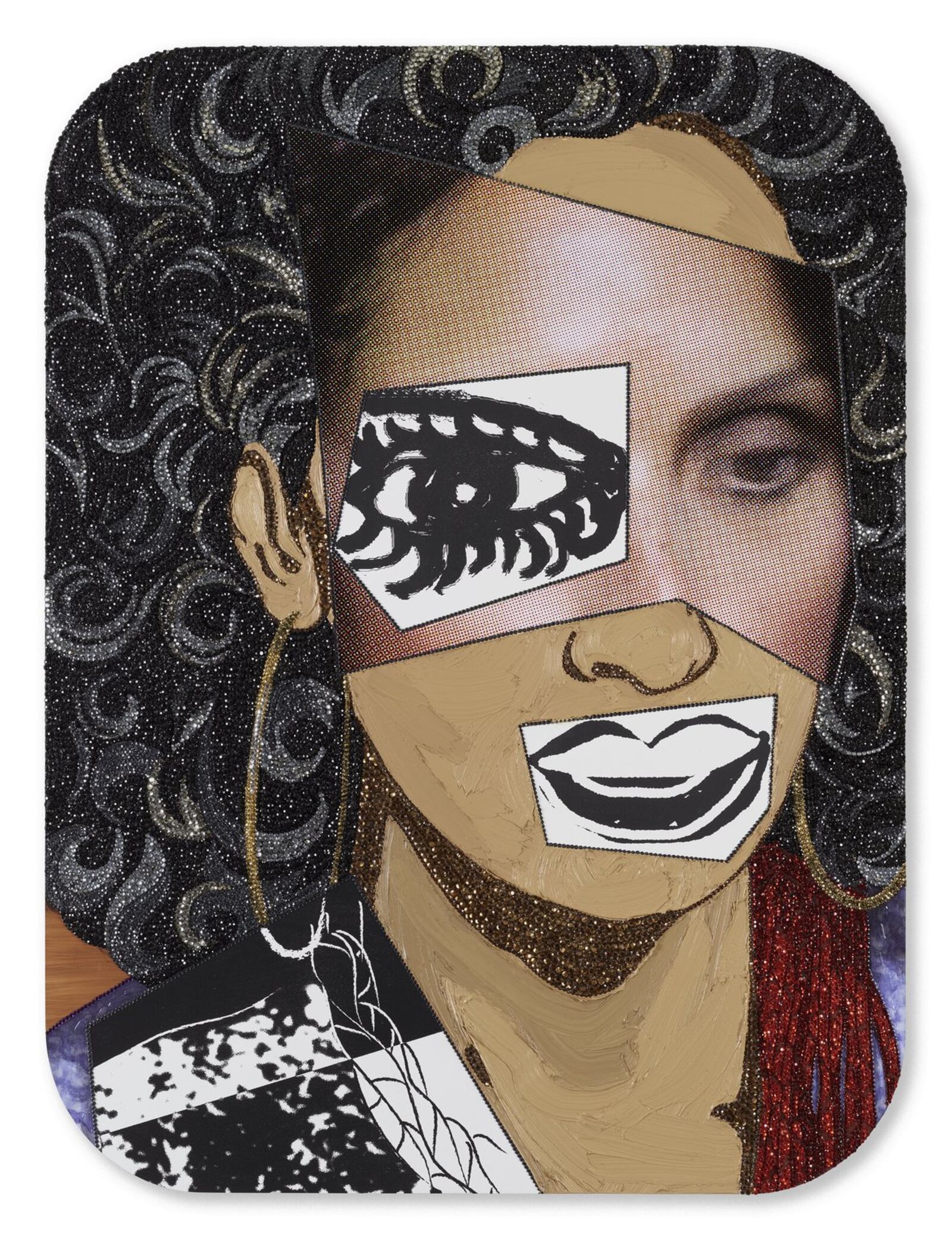 “Portrait of Raquel With Thick Skin” is made of rhinestones, acrylic and oil on wood panel. It is on display at The Wexner Center in Columbus. CONTRIBUTED