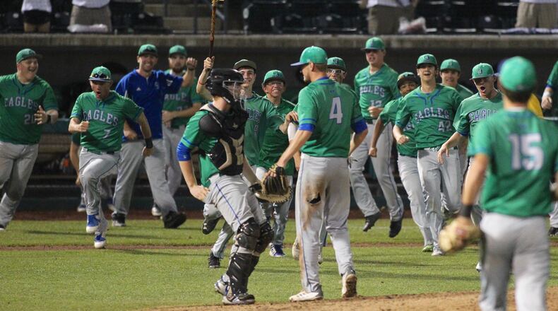 Chaminade Julienne celebrates a victory against Tallmadge in a Division II state semifinal on Friday, June 1, 2018, at Huntington Park in Columbus. David Jablonski/Staff