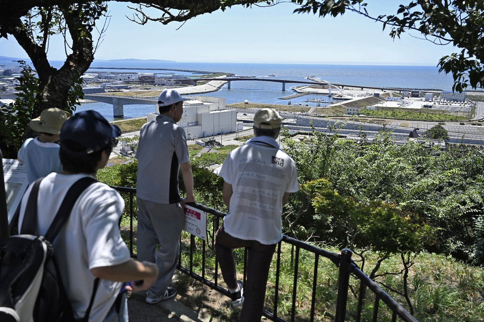 People who evacuated to Hiyoriyama mountain watch toward the sea in Ishinomaki, Miyagi prefecture, northern Japan Wednesday, July 30, 2025 after a powerful earthquake in Russia's Far East prompted tsunami alert in parts of Japan. (Muneyoshi Someya/Kyodo News via AP)