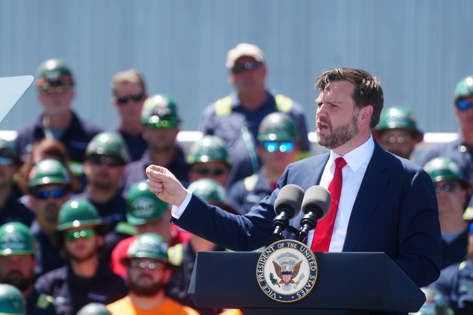 Vice President JD Vance makes remarks during an event to mark the Trump administration's first 100 days at a Nucor Steel Berkeley, Thursday, May 1, 2025, in Huger, S.C. (AP Photo/Meg Kinnard)