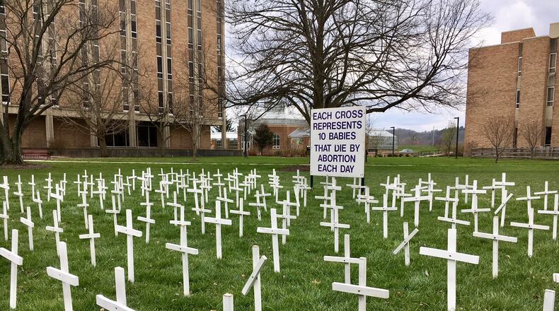 A Miami University student was captured on video Monday destroying an anti-abortion display during the class day. A video shows a Miami University Hamilton campus student trampling and tossing white crucifixes — representing aborted babies — in a grassy commons area in the center of the regional school’s grounds. MICHAEL D. CLARK/STAFF