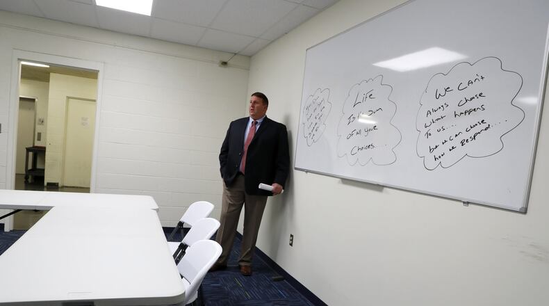 Lt. Michael Young gives a tour of one of the new drug treatment program classrooms at the Clark County Jail Monday. Bill Lackey/Staff